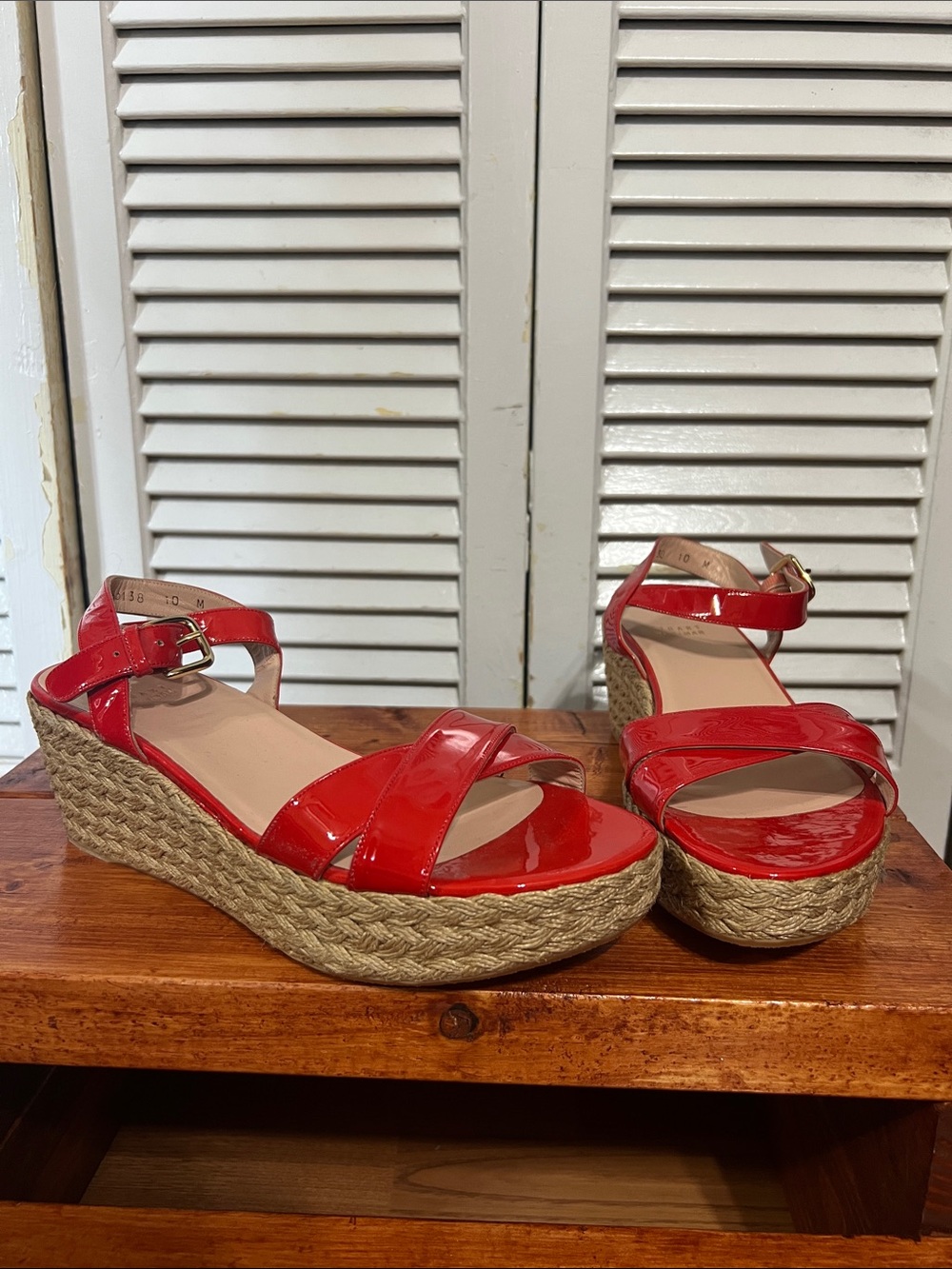 Stuart Weitzman Red Patent Espadrille Wedge Sandals